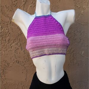 Hand Crafted Purple, Pink, and Beige Crochet Cropped Halter Top Size S